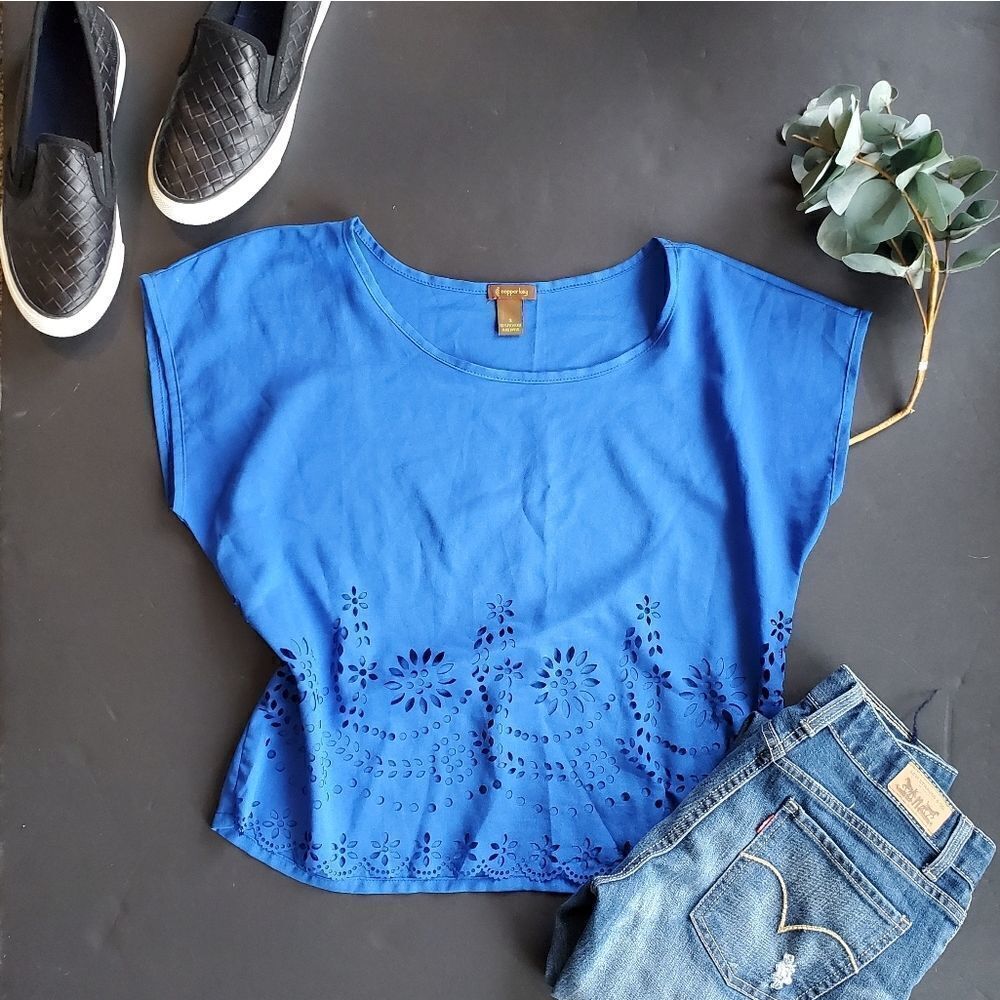 Copper Key Blue Semi Cropped Blouse
